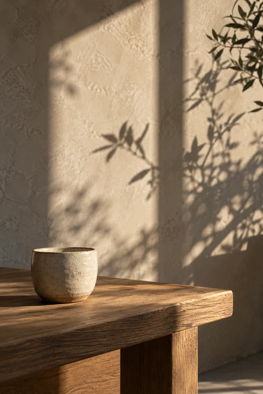 Handmade ceramic cup in a naturally lit interior