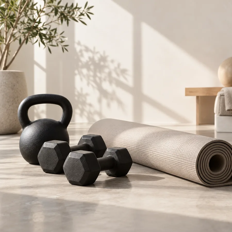 Minimal fitness weights and exercise mat in a home studio