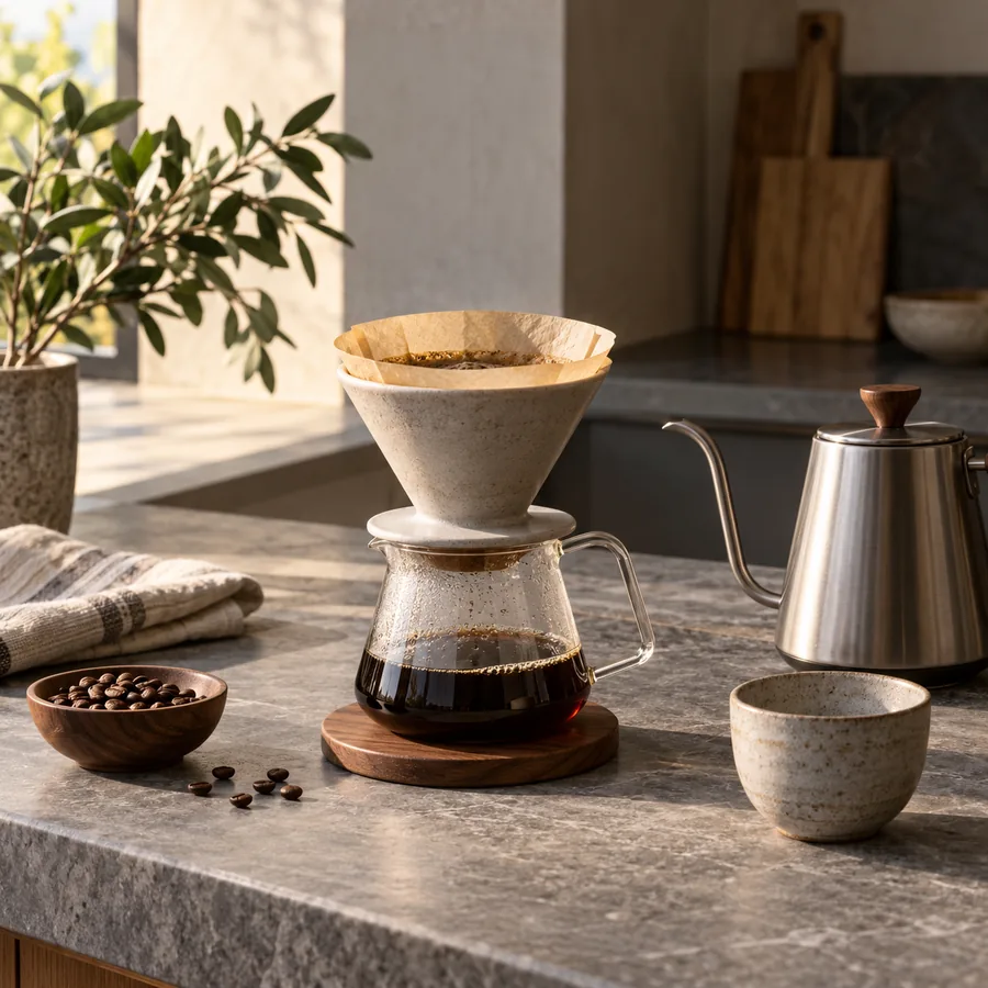 Manual coffee brewer and kitchen accessories on a stone counter