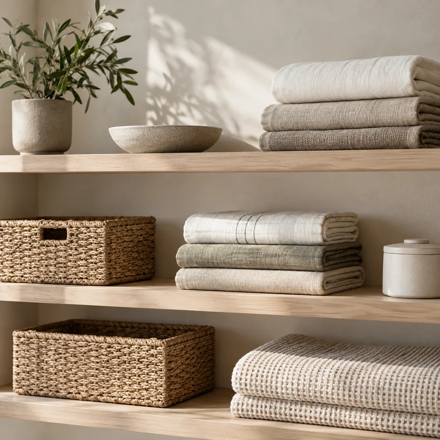 Minimal home storage baskets and folded natural textiles