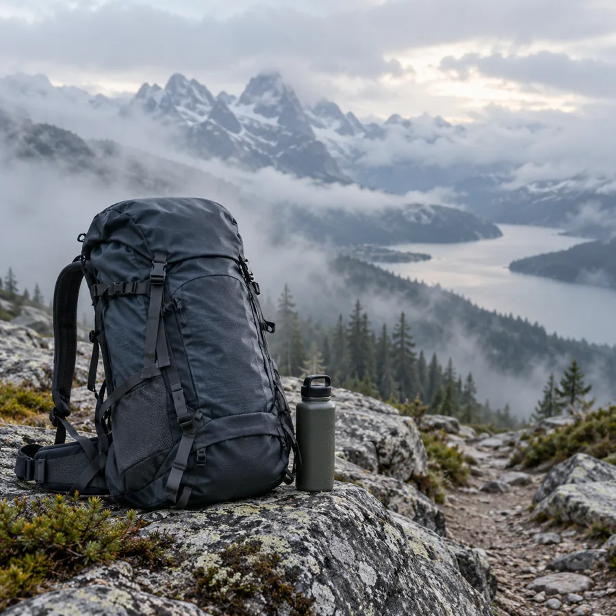 Technical hiking backpack beside a misty mountain trail